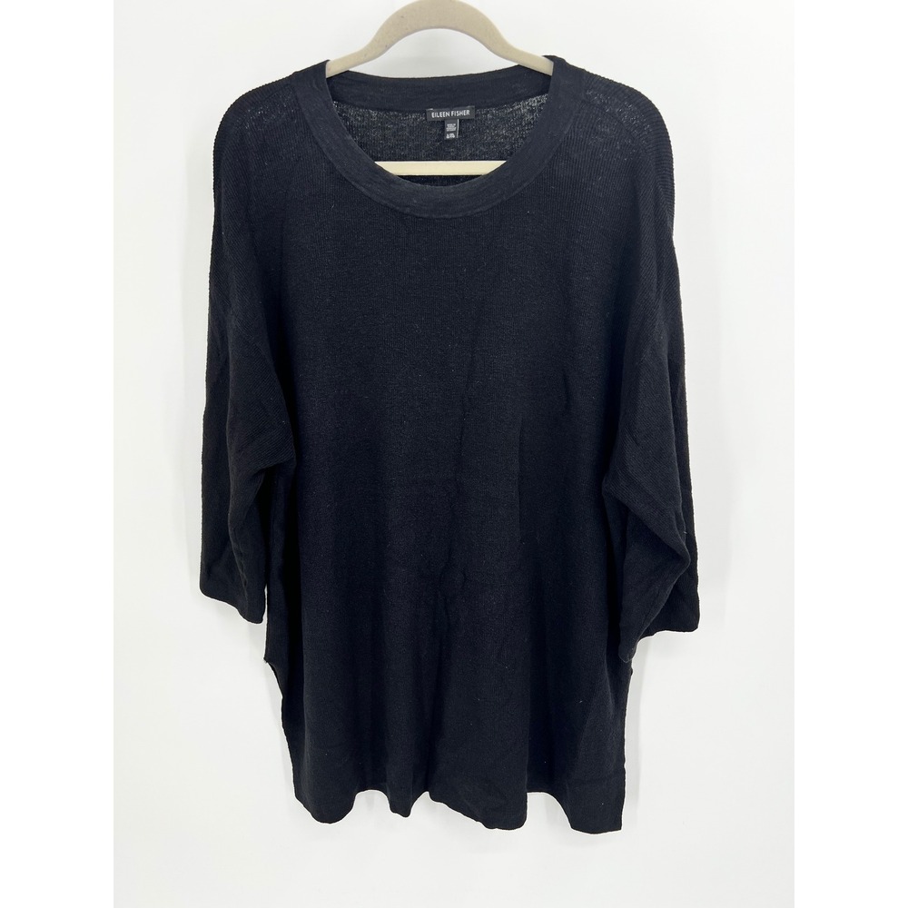 Eileen Fisher Black Organic Linen Dolman Knit Oversized Sweater 3/4 Sleeve XL
